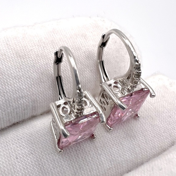 .925 Sterling Silver 9mmx7mm Rectangle Pink Cz Lever Back Earrings - Picture 11 of 13